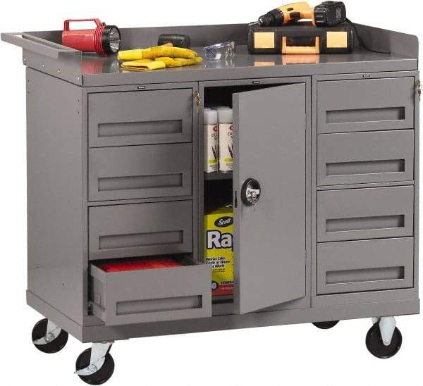 Tennsco - 1,000 Lb Capacity, 1 Shelf, 8 Drawer, 1 Door Mobile Bench - 45" Wide x 25" Deep x 43" High, Steel - Industrial Tool & Supply