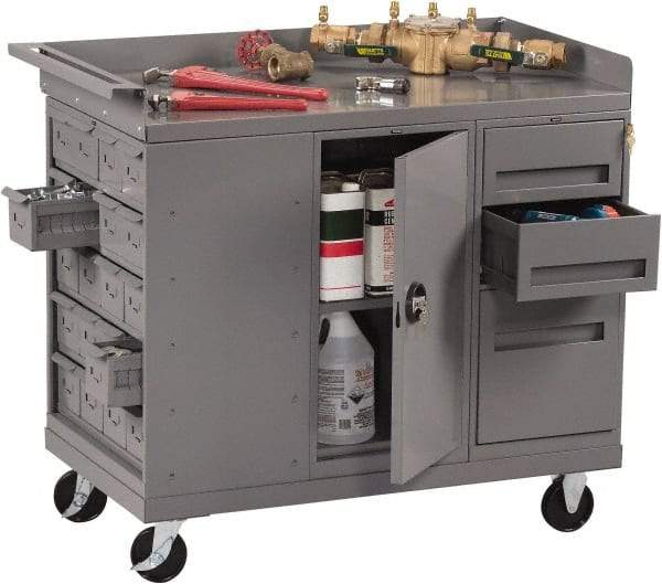 Tennsco - 1,000 Lb Capacity, 1 Shelf, 3 Drawer, 20 Bin, 1 Door Mobile Bench - 45" Wide x 25" Deep x 43" High, Steel - Industrial Tool & Supply