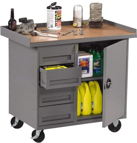 Tennsco - 1,000 Lb Capacity, 1 Shelf, 4 Drawer, 1 Door Mobile Bench - 42" Wide x 25" Deep x 36-1/2" High, Steel - Industrial Tool & Supply