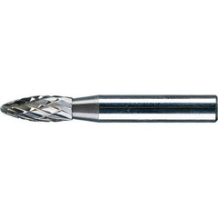 PFERD - 1/4" Cut Diam, 1/4" Shank Diam, Flame Head Double Cut Burr - Tungsten Carbide, 5/8" LOC, 1-15/16" OAL - Industrial Tool & Supply