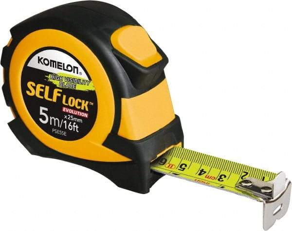 Komelon - 16' x 25mm Yellow Steel Blade Tape Measure - 5mm Graduation, Inch/Metric Graduation Style, Yellow/Black ABS Plastic Case - Industrial Tool & Supply