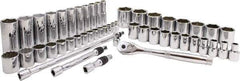 Proto - 50 Piece 3/8" & 1/2" Drive Chrome Finish Deep Well Socket Set - 6, 12 Points, 5/16" to 1-1/2" Range, Inch Measurement Standard - Industrial Tool & Supply