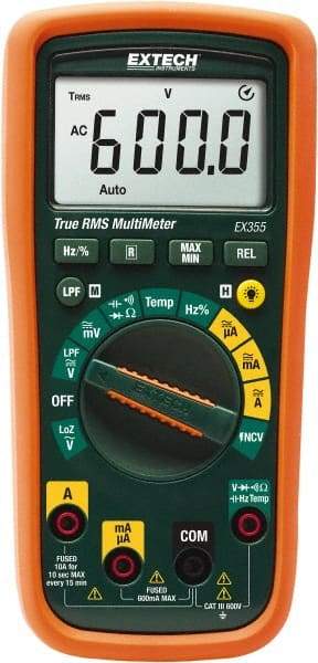 Extech - EX355, CAT III, 600 VAC/VDC, Digital True RMS Multimeter - 60 mOhm, Measures Voltage, Capacitance, Current, Frequency, Resistance, Temperature - Industrial Tool & Supply