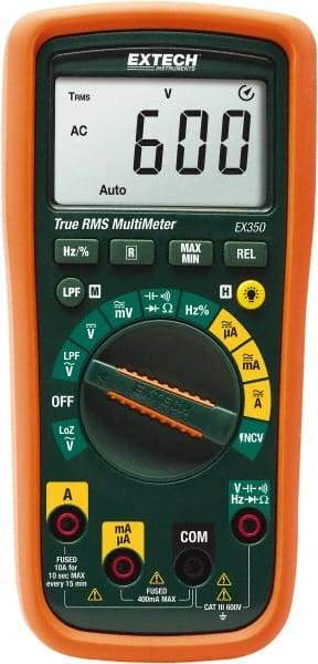 Extech - EX350, CAT III, 600 VAC/VDC, Digital True RMS Multimeter - 40 mOhm, Measures Voltage, Capacitance, Current, Frequency, Resistance - Industrial Tool & Supply