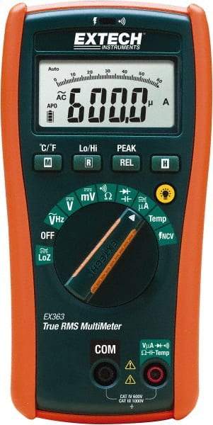 Extech - EX363, CAT IV, 1,000 VAC/VDC, Digital True RMS Multimeter - 40 mOhm, Measures Voltage, Capacitance, Frequency, Resistance - Industrial Tool & Supply