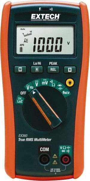 Extech - EX360, CAT IV, 1,000 VAC/VDC, Digital True RMS Multimeter - 40 mOhm, Measures Voltage, Capacitance, Frequency, Resistance - Industrial Tool & Supply