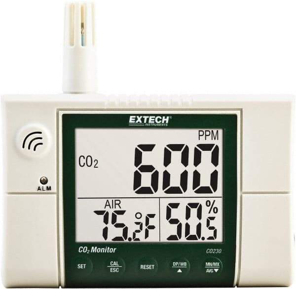 Extech - Visual, Audible Alarm, LCD Display, Indoor Air Quality Monitor - Monitors Carbon Dioxide - Industrial Tool & Supply