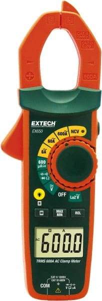 Extech - EX650, CAT III, Digital True RMS Auto Ranging Clamp Meter with 1.18" Clamp On Jaws - 750 VAC, 1000 VDC, 600 AC Amps, Measures Voltage, Capacitance, Continuity, Current, Resistance - Industrial Tool & Supply