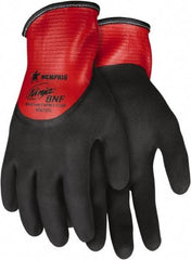 MCR Safety - Size S, ANSI Puncture Lvl 2, Abrasion Lvl 5, Cut & Puncture Resistant Gloves - Fully Coated Coated, Black/Red - Industrial Tool & Supply