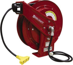 Reelcraft - 12 AWG, 75' Cable Length, Cord & Cable Reel with Triple-Tap Outlet End - 3 Outlets, NEMA 5-15R, 15 Amps, 125 Volts, SEOOW Cable, Red Reel, Spring Driven Reel - Industrial Tool & Supply