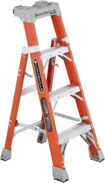 Louisville - 3 Steps, 4' High, Type IA Rating, Fiberglass Step Ladder - 300 Lb Capacity, 20-1/4" Base Width - Industrial Tool & Supply