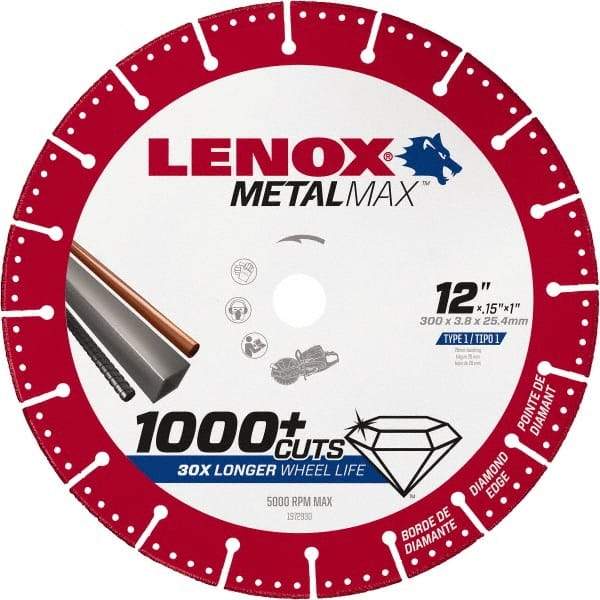 Lenox - 12" 25/30 Grit Diamond Cutoff Wheel - 0.126" Thick, 1" Arbor, 5,000 Max RPM, Use with Gas Powered Saws - Industrial Tool & Supply