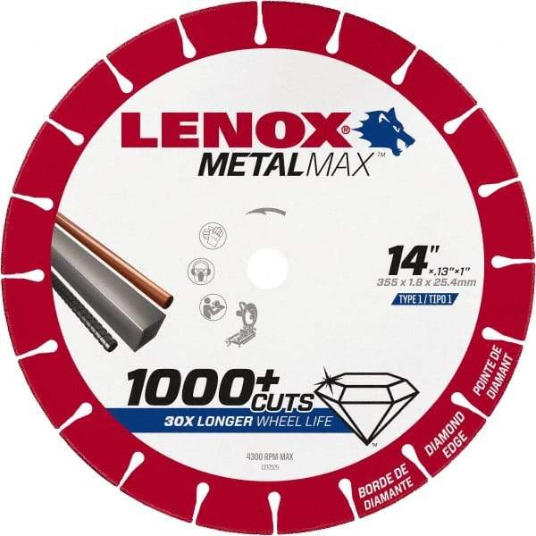Lenox - 14" 25/30 Grit Diamond Cutoff Wheel - 0.13" Thick, 1" Arbor, 4,300 Max RPM, Use with Stationary Tools - Industrial Tool & Supply