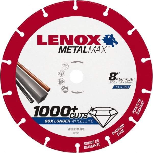 Lenox - 8" 40/50 Grit Diamond Cutoff Wheel - 0.06" Thick, 5/8" Arbor, 7,600 Max RPM, Use with Circular Saws - Industrial Tool & Supply