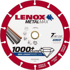 Lenox - 7" 40/50 Grit Diamond Cutoff Wheel - 0.06" Thick, 7/8" Arbor, 8,400 Max RPM, Use with Angle Grinders - Industrial Tool & Supply