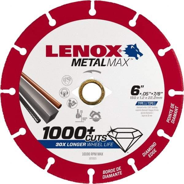 Lenox - 6" 40/50 Grit Diamond Cutoff Wheel - 0.05" Thick, 7/8" Arbor, 10,100 Max RPM, Use with Angle Grinders - Industrial Tool & Supply