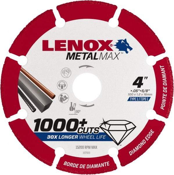 Lenox - 4" 40/50 Grit Diamond Cutoff Wheel - 0.05" Thick, 5/8" Arbor, 15,200 Max RPM, Use with Angle Grinders - Industrial Tool & Supply