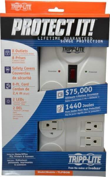 Tripp-Lite - 8 Outlets, 120 Volts, 15 Amps, 8' Cord, Power Outlet Strip - Free Hanging, Keyhole Mount, 5-15P NEMA Configuration, 9.55" Strip, UL1449 3rd Edition - Industrial Tool & Supply