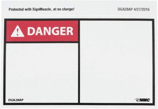 NMC - Accident Prevention Label, Header: DANGER - Legend: DANGER, English, Red, Black & White, 5" Long x 3" High, Sign Muscle Finish - Industrial Tool & Supply