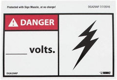 NMC - Accident Prevention Label, Header: DANGER - Legend: Danger - ____ Volts, English, Red, Black & White, 5" Long x 3" High, Sign Muscle Finish - Industrial Tool & Supply