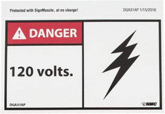 NMC - Accident Prevention Label, Header: DANGER - Legend: Danger - 120 Volts, English, Red, Black & White, 5" Long x 3" High, Sign Muscle Finish - Industrial Tool & Supply