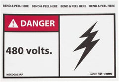 NMC - Accident Prevention Label, Header: DANGER - Legend: Danger - 480 Volts, English, Red, Black & White, 5" Long x 3" High, Sign Muscle Finish - Industrial Tool & Supply