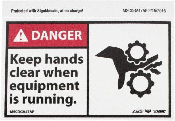 NMC - Accident Prevention Label, Header: DANGER - Legend: Danger - Keep Hands Clear When Equipment Is Running, English, Red, Black & White, 5" Long x 3" High, Sign Muscle Finish - Industrial Tool & Supply