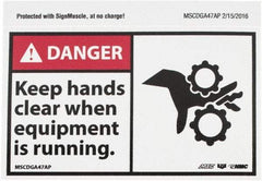 NMC - Accident Prevention Label, Header: DANGER - Legend: Danger - Keep Hands Clear When Equipment Is Running, English, Red, Black & White, 5" Long x 3" High, Sign Muscle Finish - Industrial Tool & Supply
