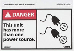 NMC - Accident Prevention Label, Header: DANGER - Legend: Danger - This Unit Has More Than One Power Source, English, Red, Black & White, 5" Long x 3" High, Sign Muscle Finish - Industrial Tool & Supply