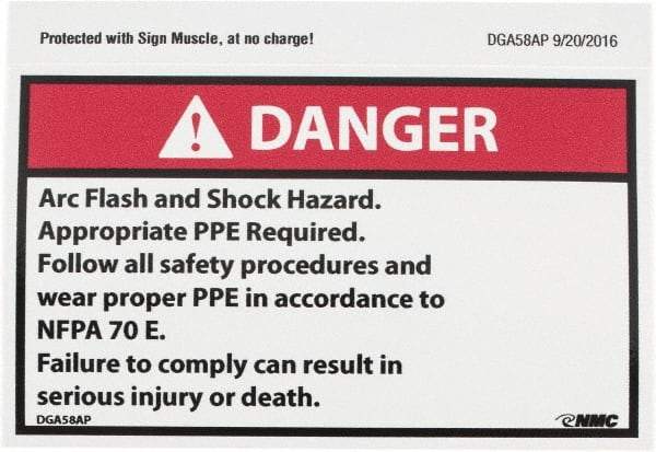 NMC - Accident Prevention Label, Header: DANGER - Legend: Danger - Arc Flash and Shock Hazard - Appropriate Pipe Required - Follow All Safety Procedures and Wear Proper PPE..., English, Red, Black & White, 5" Long x 3" High, Sign Muscle Finish - Industrial Tool & Supply