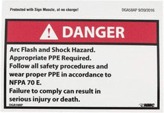 NMC - Accident Prevention Label, Header: DANGER - Legend: Danger - Arc Flash and Shock Hazard - Appropriate Pipe Required - Follow All Safety Procedures and Wear Proper PPE..., English, Red, Black & White, 5" Long x 3" High, Sign Muscle Finish - Industrial Tool & Supply