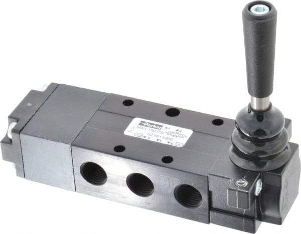 Parker - 0.83 CV Rate, 1/4" NPT Inlet Direct Air 4 Mechanical Spool Valve - 4 Way, 3 Position CC, 150 Max psi, Lever Spring Return - Industrial Tool & Supply
