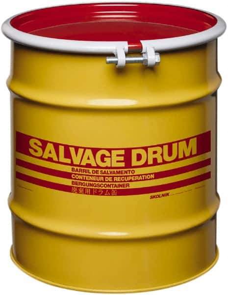 Made in USA - 20 Gallon Yellow with Red Cover Carbon Steel Open Head Drum - 19-1/4" High x 18-1/4" Diam - Industrial Tool & Supply