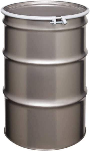 Made in USA - 55 Gallon Cylindrical Stainless Steel Open Head Drum - 33" High x 22-1/2" Diam - Industrial Tool & Supply