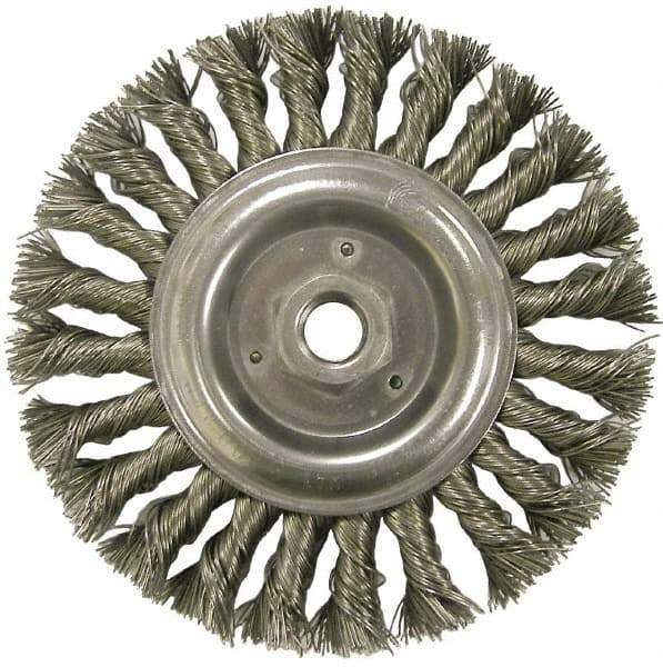 Weiler - 6" OD, 5/8-11 Arbor Hole, Knotted Steel Wheel Brush - 1/2" Face Width, 1-3/8" Trim Length, 0.023" Filament Diam, 9,000 RPM - Industrial Tool & Supply