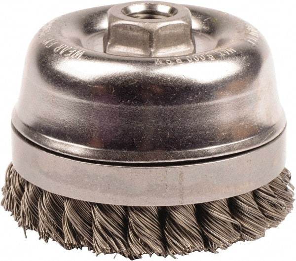 Weiler - 4" Diam, 5/8-11 Threaded Arbor, Steel Fill Cup Brush - 0.02 Wire Diam, 7/8" Trim Length, 9,000 Max RPM - Industrial Tool & Supply