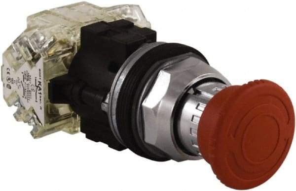 Schneider Electric - Extended Mushroom Head Pushbutton Switch Emergency Stop - Red, Round Button - Industrial Tool & Supply