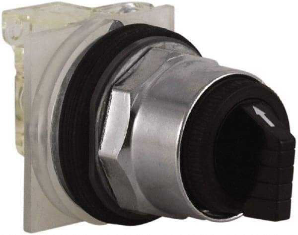 Schneider Electric - 30mm Mount Hole, 3 Position, Knob and Pushbutton Operated, Selector Switch - Black, Maintained (MA), NO/NC, Weatherproof and Dust and Oil Resistant - Industrial Tool & Supply