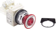 Schneider Electric - 30mm Mount Hole, Extended Straight, Pushbutton Switch with Contact Block - Red Pushbutton, Maintained (MA) - Industrial Tool & Supply