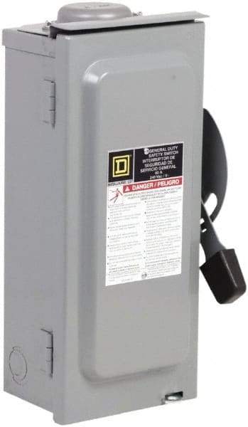 Square D - 60 Amp, 240 V, 2 Pole Fused Safety Switch - NEMA 3R, 10 hp at 240 VAC (Single Phase), 15 hp at 240 VAC (Triple Phase), DPST Contact Form - Industrial Tool & Supply