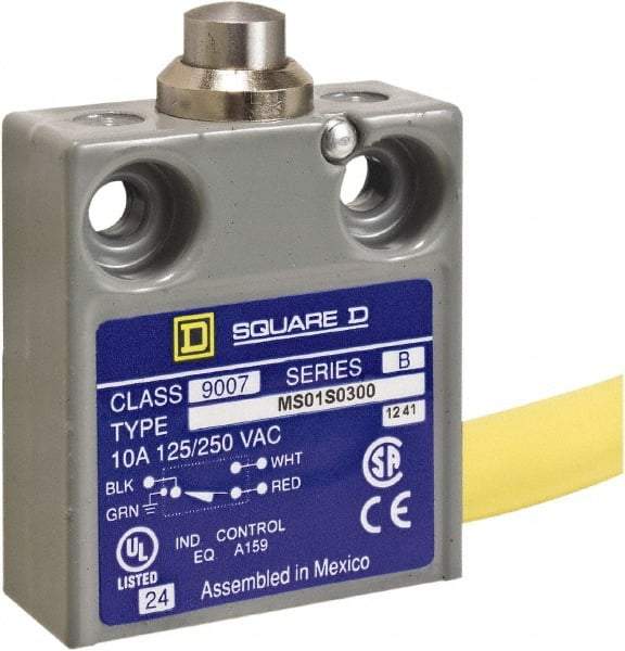 Square D - SPDT, NC/NO, 240 VAC, Prewired Terminal, Plunger Actuator, General Purpose Limit Switch - 1 NEMA Rating, IP20 IPR Rating, 18 Ounce Operating Force - Industrial Tool & Supply