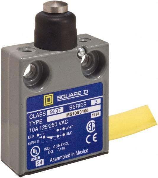 Square D - SPDT, NC/NO, 240 VAC, Prewired Terminal, Plunger Actuator, General Purpose Limit Switch - 1, 2, 4, 6, 6P NEMA Rating, IP67 IPR Rating, 80 Ounce Operating Force - Industrial Tool & Supply