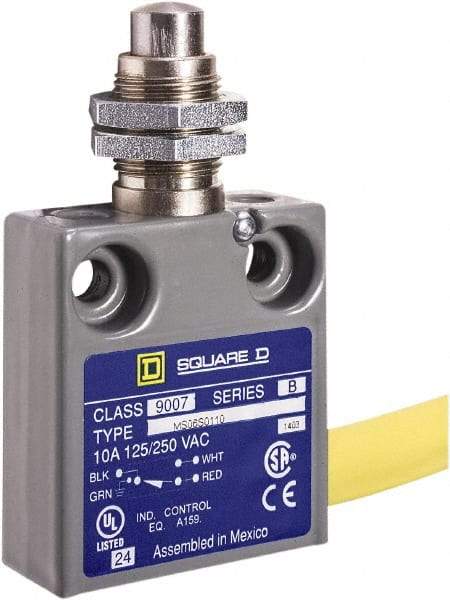 Square D - SPDT, NC/NO, 240 VAC, Prewired Terminal, Plunger Actuator, General Purpose Limit Switch - 1, 2, 4, 6, 6P NEMA Rating, IP67 IPR Rating, Panel Mount, 80 Ounce Operating Force - Industrial Tool & Supply