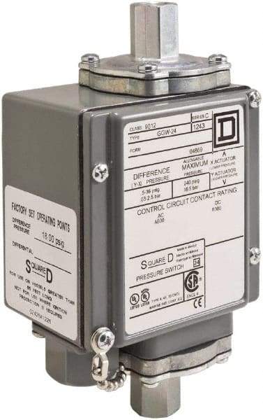 Square D - 4, 13 and 4X NEMA Rated, DPDT, 5,000 psi, Electromechanical Pressure and Level Switch - Adjustable Pressure, 120 VAC at 6 Amp, 125 VDC at 0.22 Amp, 240 VAC at 3 Amp, 250 VDC at 0.11 Amp, 1/4 Inch Connector, Screw Terminal, For Use with 9012G - Industrial Tool & Supply