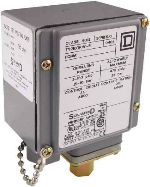 Square D - 4, 13 and 4X NEMA Rated, SPDT, 3 to 150 psi, Electromechanical Pressure and Level Switch - Fixed Pressure, 120 VAC at 6 Amp, 125 VDC at 0.22 Amp, 240 VAC at 3 Amp, 250 VDC at 0.27 Amp, 1/4 Inch Connector, Screw Terminal, For Use with 9012G - Industrial Tool & Supply