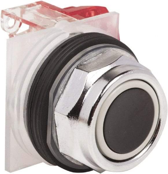 Schneider Electric - 30mm Mount Hole, Extended Straight, Pushbutton Switch with Contact Block - Black Pushbutton, Momentary (MO) - Industrial Tool & Supply