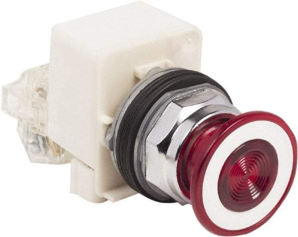 Schneider Electric - 30mm Mount Hole, Extended Straight, Pushbutton Switch with Contact Block - Red Pushbutton, Maintained (MA) - Industrial Tool & Supply