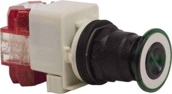 Schneider Electric - 30mm Mount Hole, Extended Straight, Pushbutton Switch with Contact Block - Green Pushbutton, Maintained (MA), Momentary (MO) - Industrial Tool & Supply