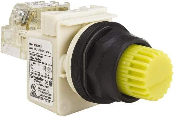 Schneider Electric - 30mm Mount Hole, Extended Straight, Pushbutton Switch with Contact Block - Yellow Pushbutton, Momentary (MO) - Industrial Tool & Supply