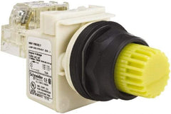 Schneider Electric - 30mm Mount Hole, Extended Straight, Pushbutton Switch with Contact Block - Yellow Pushbutton, Momentary (MO) - Industrial Tool & Supply